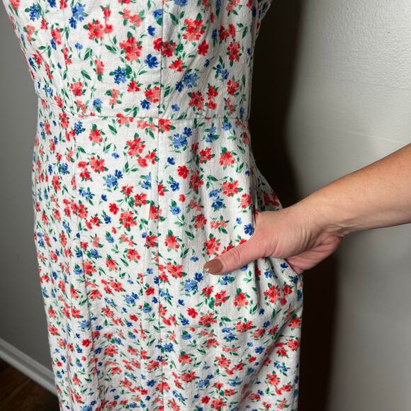 Old Navy Linen Blend Fit & Flare Floral Midi Dress Sz M Peasant Cottagecore - Picture 5 of 13